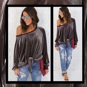 Off Shoulder Velvet Long Sleeve Tie Front Hem NWT